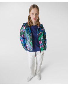 Bomber liscio in nylon riciclato e stampa all over
